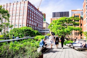 a group of people walking on the high line