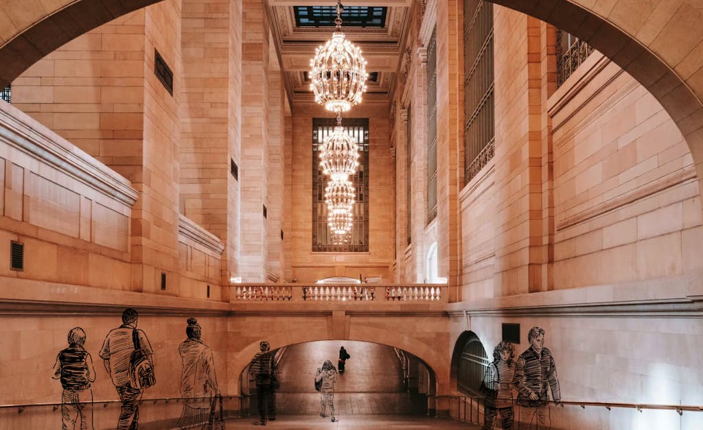 photo of the inside of grand central with marble walls and large chandeliers