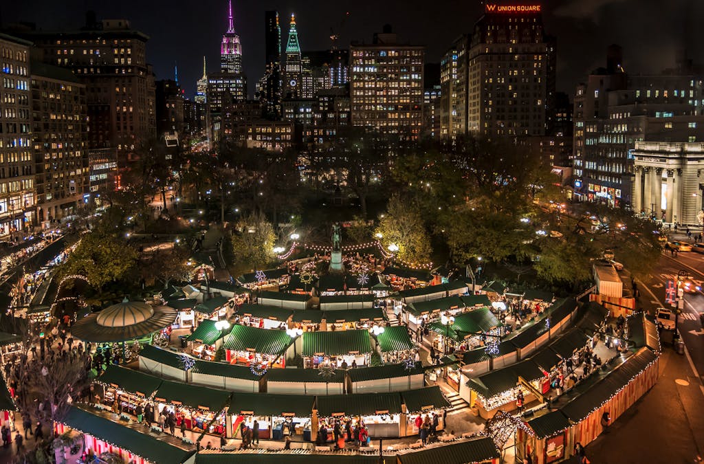 aerial view of union square holiday market at night