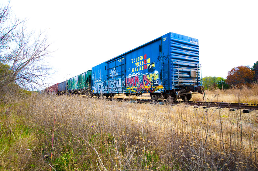 een grote lange trein op een spoor in de buurt van een veld