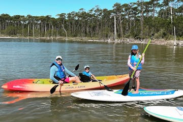 a group of people kayaking and stand up paddling