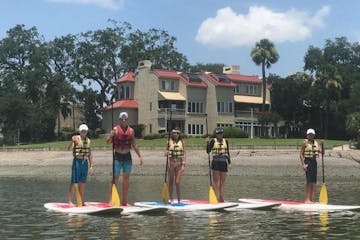 Group of people in the water for stand up paddle board lesson