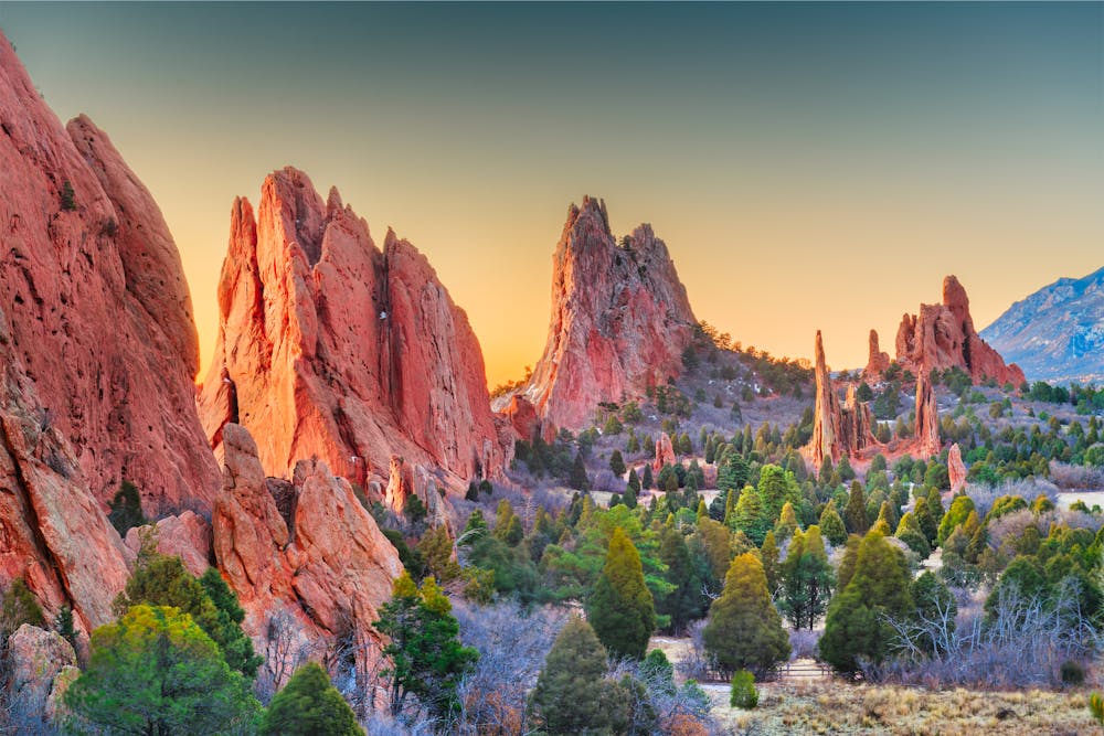 The Garden of the Gods rock formation at sunset