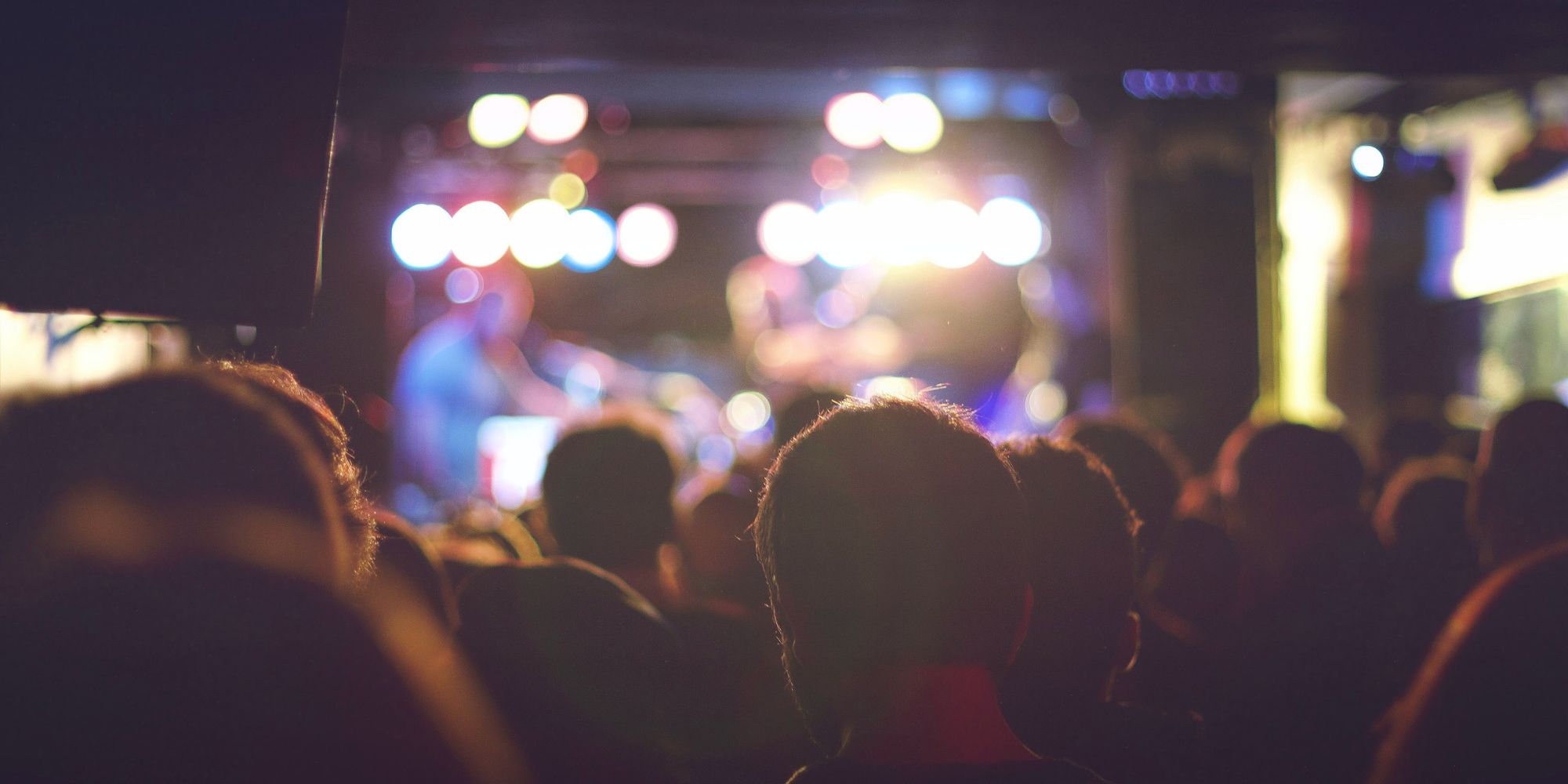 People at Pagosa Springs Music festival stand in front of the stage at night