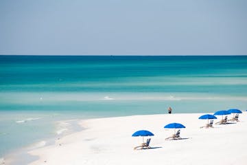 View of white beach and blue waters in Destin, Florida