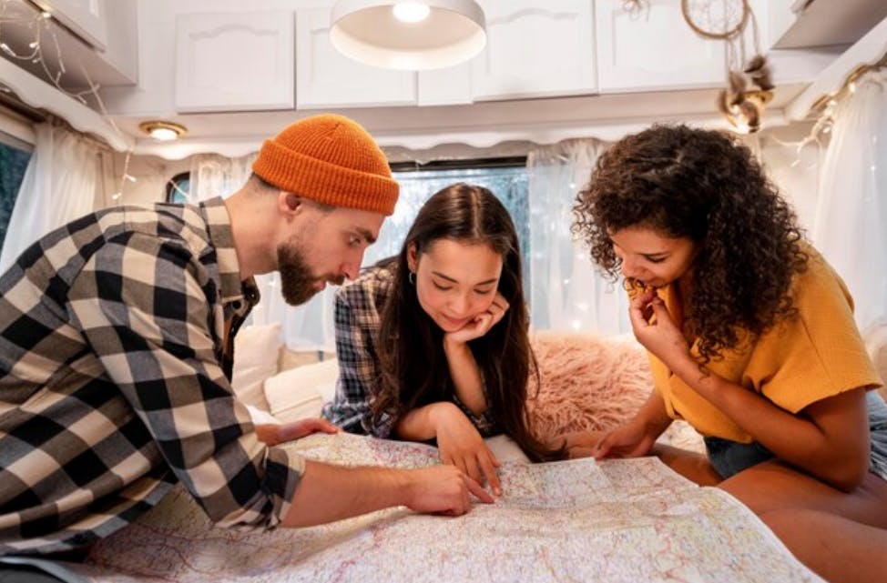 A group of travellers planning their trips
