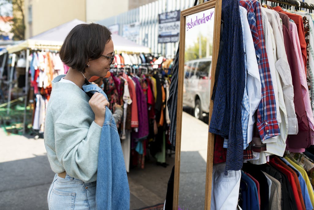 Woman looking at shirt in mirror