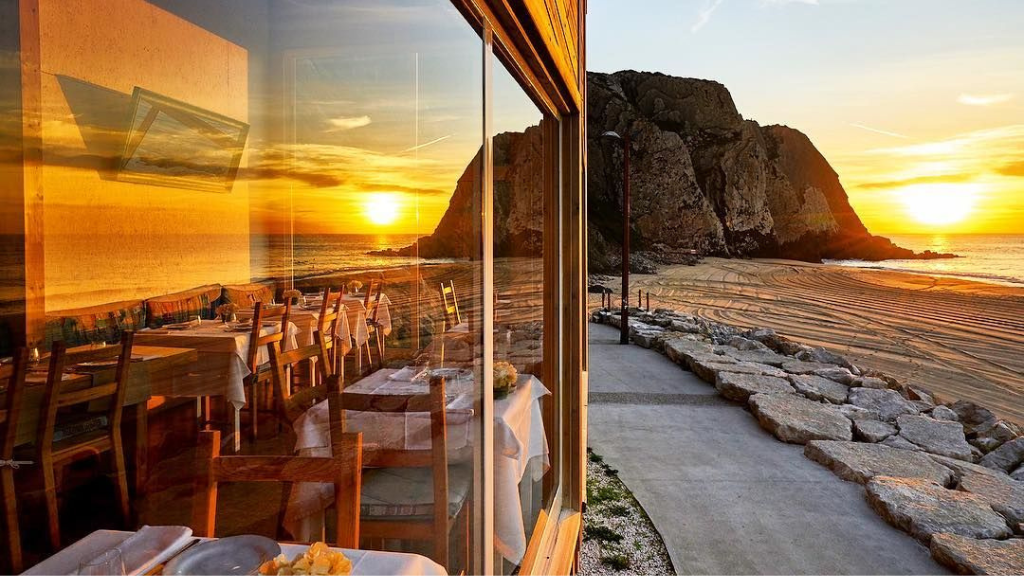 a table with a mountain in the background