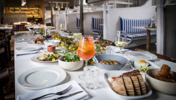 a dining table with a plate of food