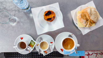 a tray of food and a cup of coffee