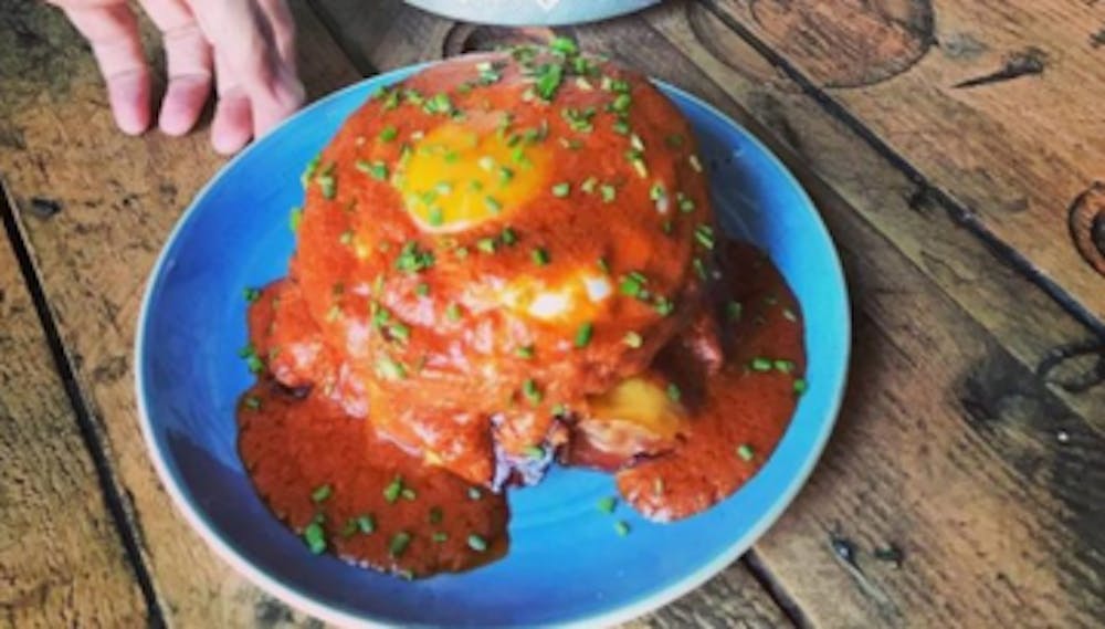 a bowl of food on a blue plate