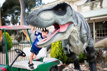 Kid playing in a garden with dinosaur
