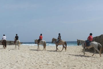A group of horseback riders on the beach