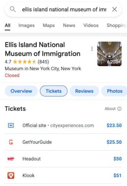 screenshot of new google things to do ticket purchase options