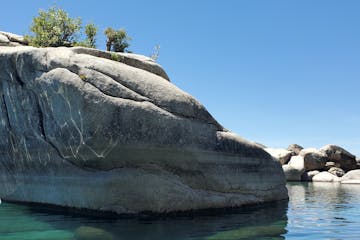 a close up of a rock next to a body of water
