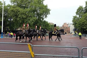 a group of people riding on the back of a horse