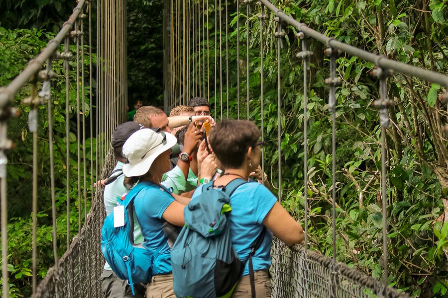 A group of tourists with a tour guide at Mistico Hanging Bridges