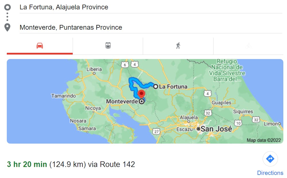 Map to Get From La Fortuna to Monteverde
