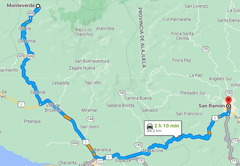 Map of Driving from Monteverde to Arenal through San Ramon Part 1