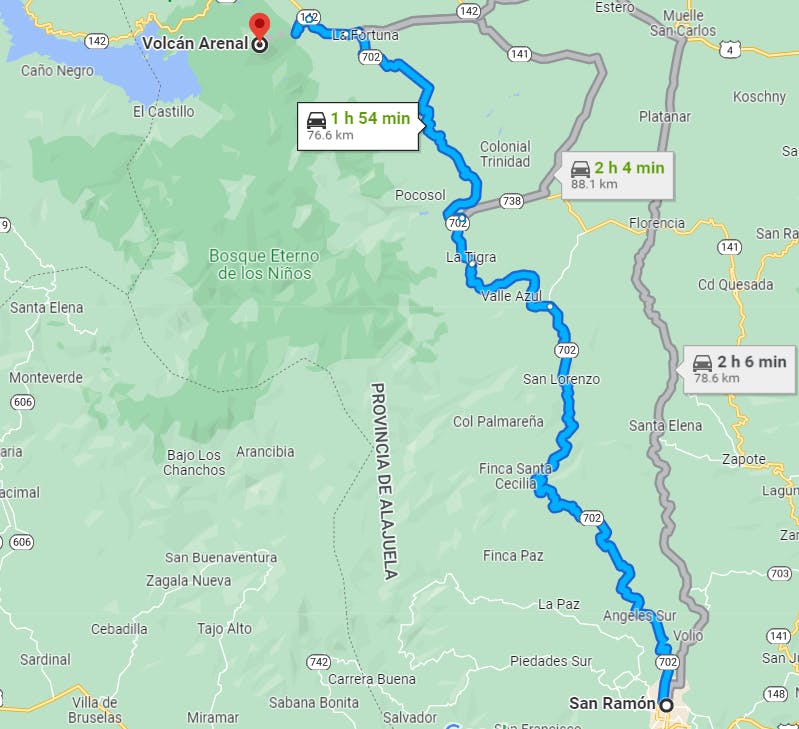 Map of Driving from Monteverde to Arenal through San Ramon Part 2