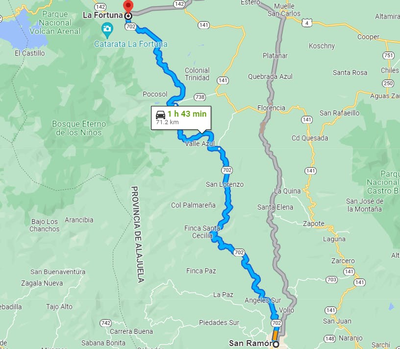 Map of Driving from San Ramon to La Fortuna