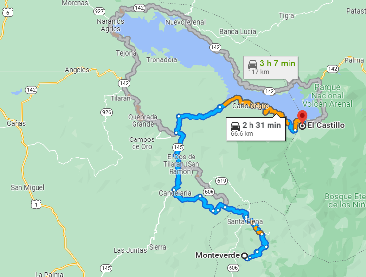 Map of Driving from Monteverde to Rio Chiquito