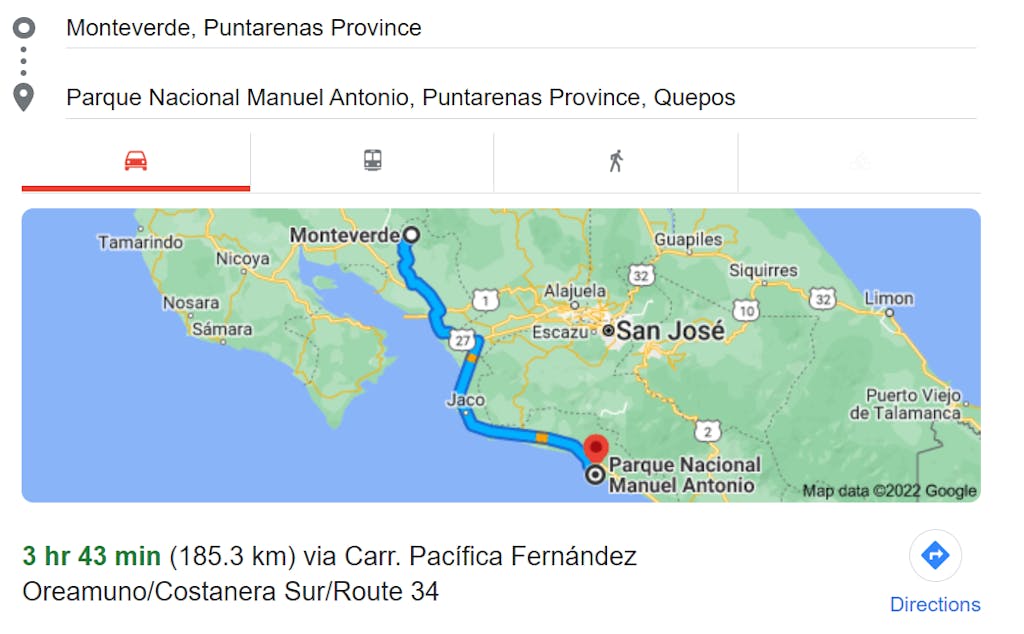 Map of How to Get From Monteverde to Manuel Antonio