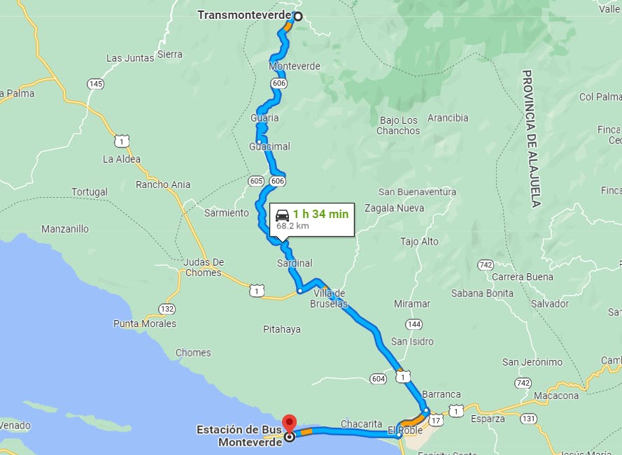 Map of Route 625 Monteverde - Guacimal - Puntarenas