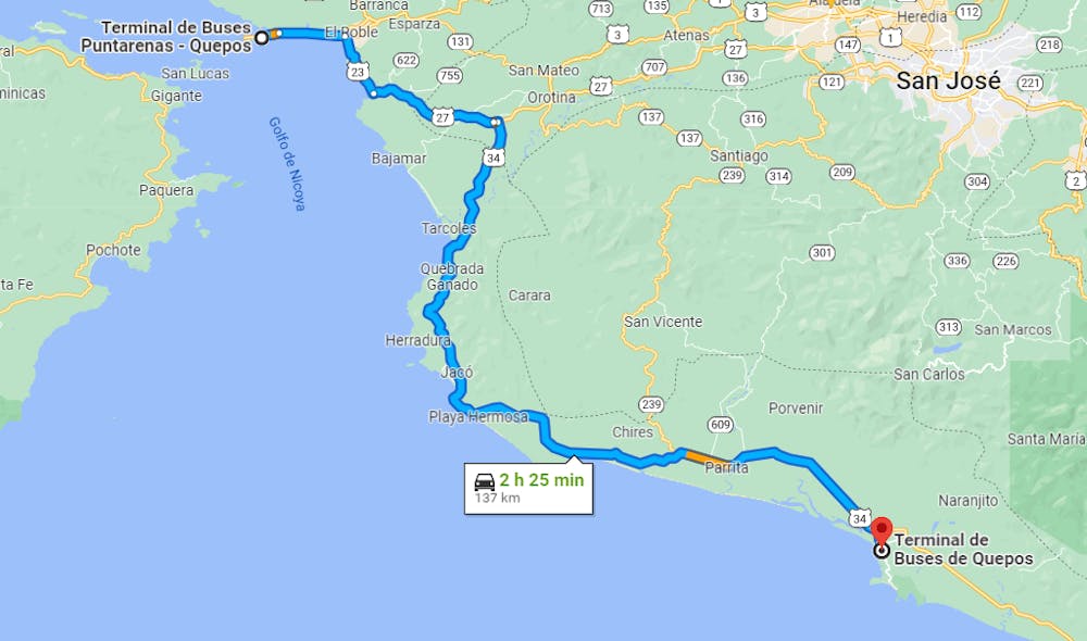 Map of Bus Route from Puntarenas to Quepos