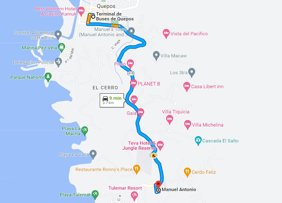 Map of Bus Route from Quepos to Manuel Antonio
