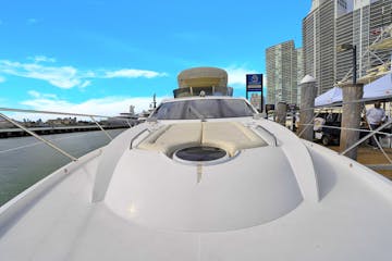Bow view of this yacht rental in Miami Beach Marina.
