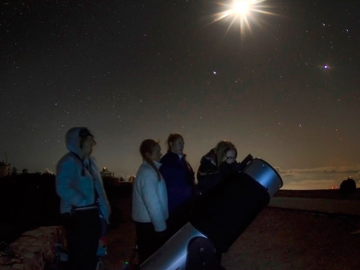 A group of people looking up at the sky.