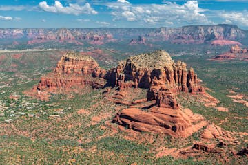 Aerial view of scenic Cathedral Rock formation at Oak Creek in Sedona, Arizona,