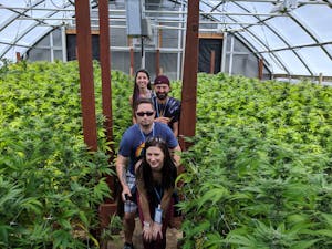 cannasseurs posing in a greenhouse on a weed tour