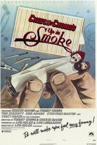 Cheech & Chong's Up in Smoke movie poster picturing them being rolled up by a cannasseur prior to imbibing
