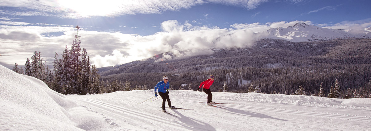 two people nordic skiing