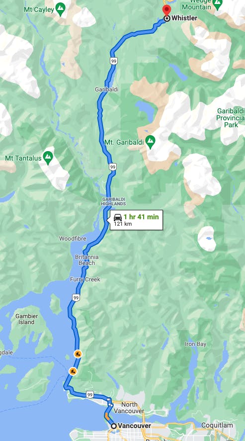 map of driving directions Vancouver to Whistler