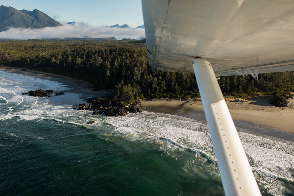 Aerial view from a float plane of Tofino, BC