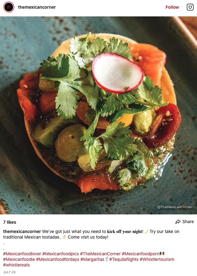 a close up of food Instagram social media post on The Mexican Corner Whistler