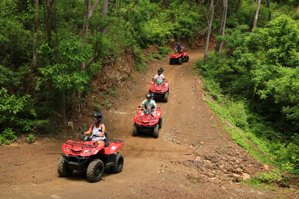 A group riding ATVs through the jungle