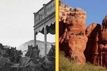 photo collage of old timey photos and red rocks