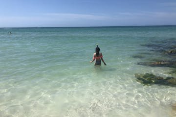 Girls wiht Snorkel walks into beautiful waters at Coguina Beach in Longboat Key Florida