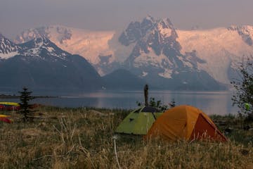 a tent in a field with a mountain in the background