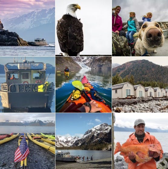 a grid with photos of landscape, a bald eagle, a family with a dog, a fishing boat, kayaks, a campground, and a fisherman