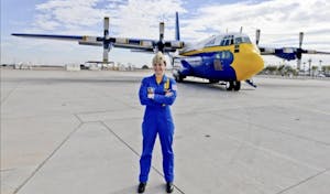 Higgins in front of the Blue Angels C-130, Fat Albert