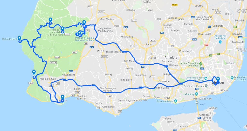 map of the itinerary of the sintra beach tour