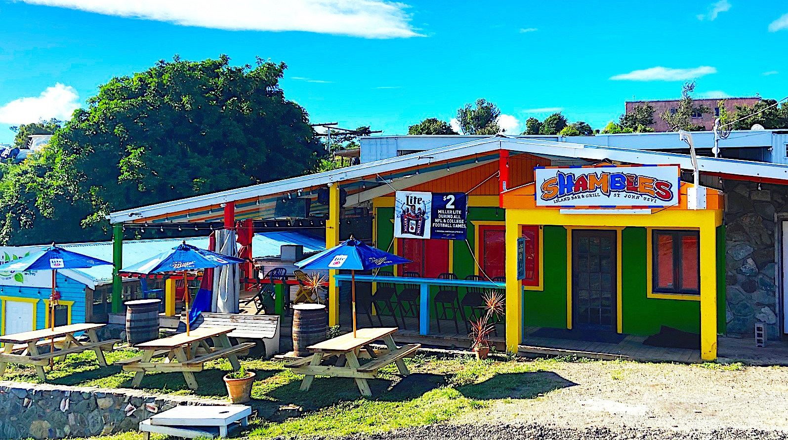 a house with a colorful umbrella