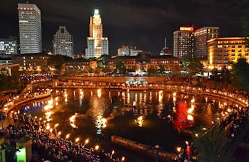 a view of WaterFire at night