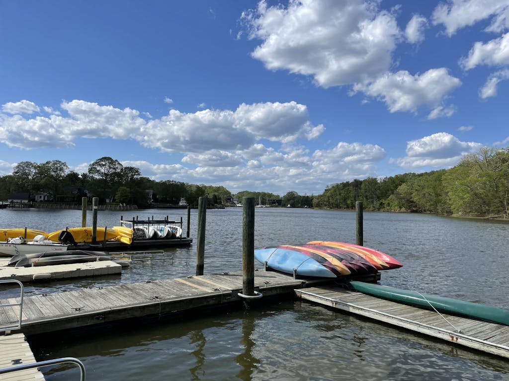 The dock of the new Capital SUP location at Quiet Waters Park with some kayaks and paddle boards