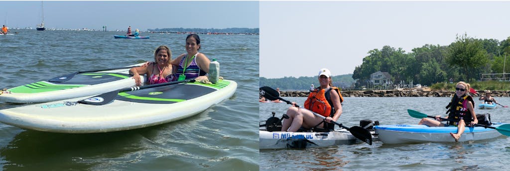 Left: Two women pose for a picture standing in the water next to their paddle boards. Right: Two people pose for a picture on individual kayaks.